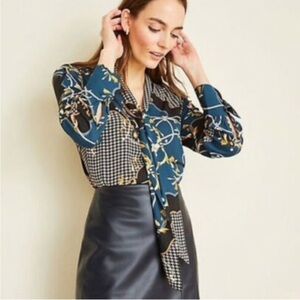 Ann Taylor Tie Neck Popover Blouse Houndstooth Equestrian Size M Tall